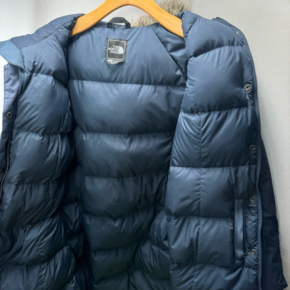 North Face Down Parka Fur Hood Navy Blue Women’s Large Long Coat Goosedown - Picture 2 of 10